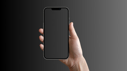 Hand holding cell phone mockup with blank screen. Smartphone mock up isolated on black bacground