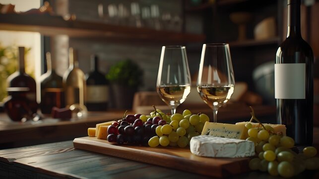 Elegant wine and cheese platter on a wood table - A sophisticated image of a carefully arranged wine and cheese platter, set on a wooden table inviting a gourmet experience