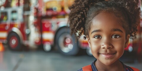 International Firefighters Day, portrait of an African-American child girl in a firefighter costume, fire trucks in a fire station, the concept of choosing a profession - obrazy, fototapety, plakaty