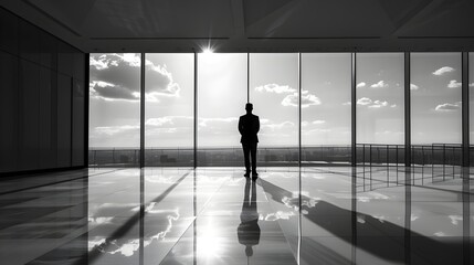 Silhouette of a man in modern office building - A contemplative silhouette of a man standing in a modern glass office against a backdrop of majestic skyscrapers and sky
