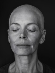 Retrato de Mujer Calva en Blanco y Negro, con ojos cerrados y expresión serena - obrazy, fototapety, plakaty
