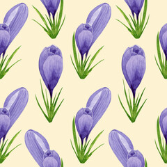 Watercolor purple crocuses seamless pattern, spring flower digital paper on yellow background. Hand painted floral illustration. For textile design, packaging, wrapping paper, wallpaper, scrapbooking.