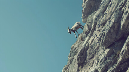 Goat skillfully climbing a steep rocky cliff - A goat showcasing agility as it climbs a sheer cliff under a clear blue sky - obrazy, fototapety, plakaty