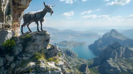 Mountain goat on a picturesque mountain backdrop - A lone mountain goat stands majestically on a ledge with a breathtaking panoramic mountain landscape and lake below