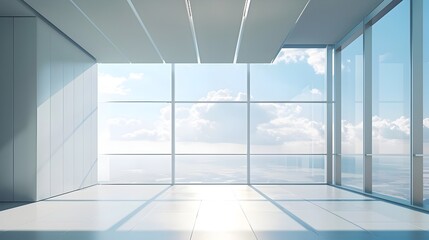 Modern empty office space with large windows - Bright and airy modern office interior with expansive windows overlooking the clouds and sky