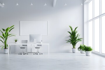 Contemporary office space with white decor - Bright, clean contemporary office space with white furniture, large windows, and green plants, representing a modern work environment
