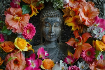 Buddha statue adorned with vibrant flowers Symbolizing peace Meditation And spiritual growth