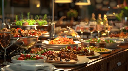 Delectable buffet spread of diverse cuisines - Various savory dishes beautifully presented on a buffet table ready to be relished - obrazy, fototapety, plakaty