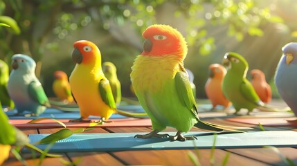 Colorful parrots gathering in natural habitat - A lively scene of vibrant, colorful parrots interacting with each other in a natural habitat, surrounded by lush foliage in warm sunlight