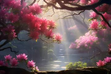 Poster Exquisite Display of Pink Azalea Flowers Bathed in Sunlight: Nature's Masterpiece © Adrian