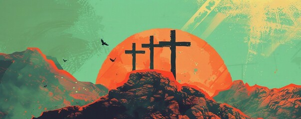 Good friday - Three cross crucifix on mountain and orange green sky and sunshine texture background...