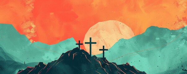 Plakaty  Good friday - Three cross crucifix on mountain and orange green sky and sunshine texture background vector design