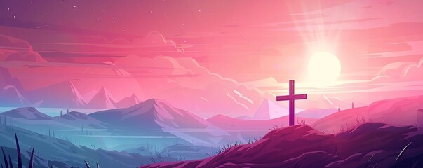 Good friday banner illustration with cross on the hill - Powered by Adobe