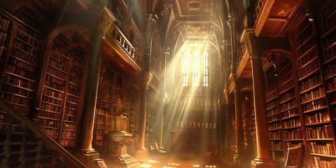 Fototapete Altes Gebäude An ancient library filled with magical books, glowing orbs, and mystical artifacts. Shelves reach up to a high, vaulted ceiling, with soft light filtering through stained glass windows. Resplendent.