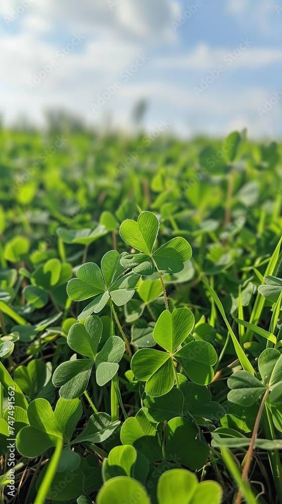 Canvas Prints Green background with three-leaved shamrocks, Lucky Irish Four Leaf Clover in the Field for St. Patricks Day holiday symbol. with three-leaved shamrocks, St. Patrick's day holiday symbol, earth day.