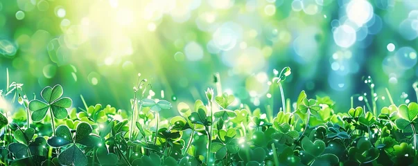 Tafelkleed Green background with three-leaved shamrocks, Lucky Irish Four Leaf Clover in the Field for St. Patricks Day holiday symbol. with three-leaved shamrocks, St. Patrick's day holiday symbol, earth day. © Coosh448