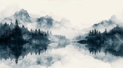 Gardinen This abstract hand-painted Chinese landscape art wallpaper is suitable for print and digital media, rugs, wallpaper, wall art, graphic design, social media, posters, gallery walls, and T-shirt © DZMITRY