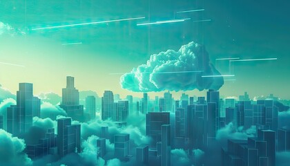 cloud computing digital transformation, in the style of light teal and black, animated mosaics, whimsical skyline, dark amber and sky-blue - obrazy, fototapety, plakaty