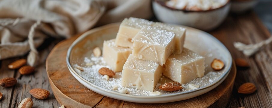 image of oriental dish burfi on plate with delicious almond placed on wooden table