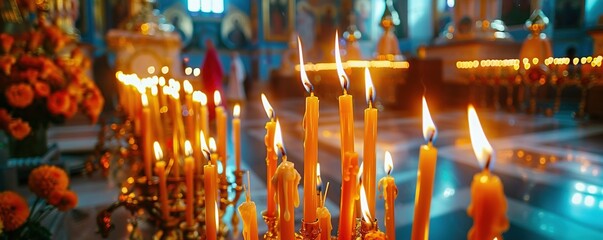 Many burning wax candles in orthodox church or temple for ceremony easter. Background orange candles easter burn in orthodox temples. - Powered by Adobe