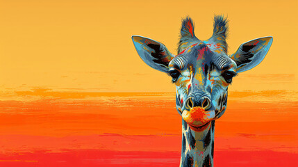 giraffe head illustration on an orange background, in the style of flat shading, children's book illustrations