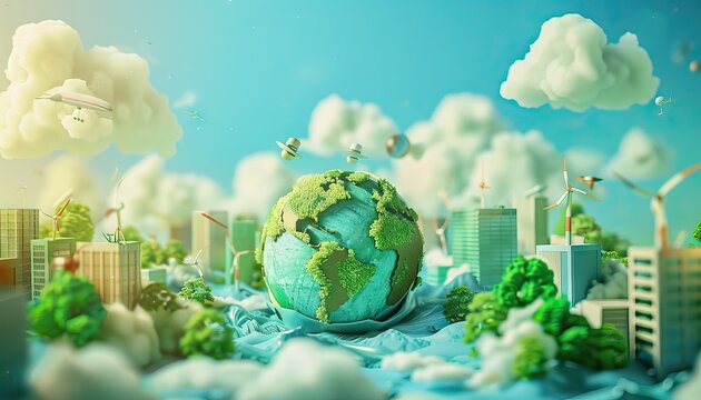 green planet with clouds, global warming has become the major issue for all of us, colorful storytelling, iconography motifs