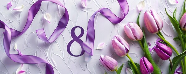 Fototapeta premium Number 8 with violet ribbon and tulip flowers on light background. International Women's Day celebration. Wide angle format banner