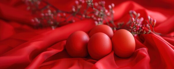 orthodox easter traditional red eggs on red cloth
