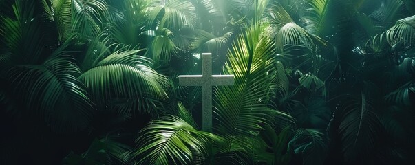 overhead view of a religious cross with palm leaves. Easter palm sunday background