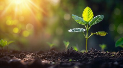 Youthful Withania plant thriving in fertile soil, bathed in golden sunlight with a natural bokeh backdrop