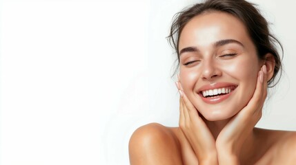 Naklejka premium Close-up of a beaming woman showcasing her perfect, radiant skin, ideal for skincare and beauty promotions. With copyspace.
