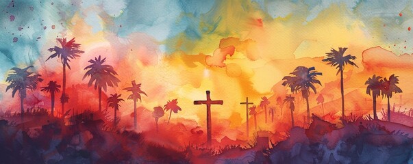 Palm sunday, Holy Week, Good Friday concepts. Christian banner, watercolor - obrazy, fototapety, plakaty
