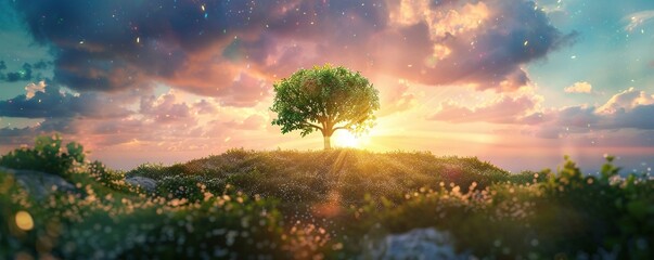 panorama small tree growing with sunrise. green world and earth day concept