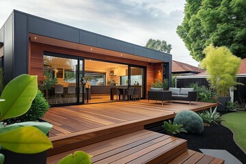 Naklejka premium Modern home renovation in melbourne featuring elegant deck, patio, and lush courtyard area for outdoor living