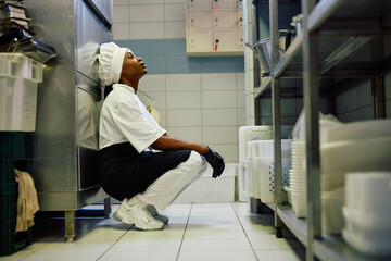 Exhausted black female cook in kitchen in restaurant. - obrazy, fototapety, plakaty