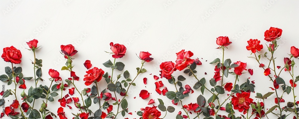 Wall mural red roses flowers and petals isolated on white background. Valentine's day Floral frame composition. Empty copy text space.