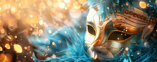 Fotobehang Realistic luxury carnival mask with blue feathers. Abstract blurred background, gold dust, and light effects. © Coosh448