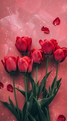 Obraz premium Red tulip bouquet flower background. Floral wallpaper, banner. February 14, valentine's day, love, 8 march international women's day theme.