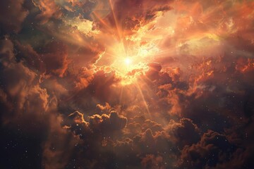 Dramatic depiction of the second coming of jesus christ With divine light breaking through the clouds Symbolizing hope Renewal And the fulfillment of prophecy in a celestial setting - obrazy, fototapety, plakaty