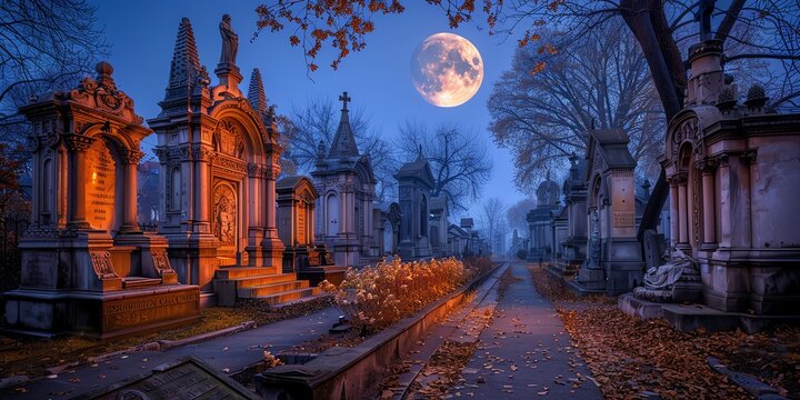 The serene beauty of an old graveyard, where the gentle glow of the full moon complements the delicate wildflowers and autumn leaves.