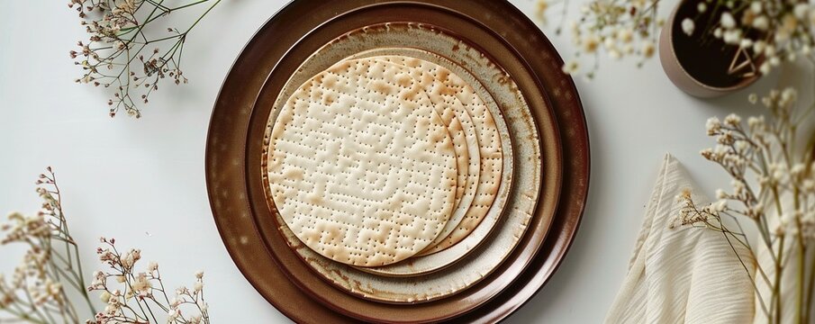 top view of matza and plate with happy passover greeting, jewish Passover holiday concept