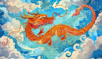 chinese dragon in the sky, in the style of red and golden illusion