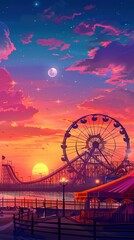 Vector background of amusement park. Poster design invitation of the carnival funfair and amusement with sunset. Ferris wheel, roller coaster and carousel festive parks attractions.