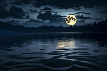 a serene moonlit night with heavy, dark clouds obscuring the moon,