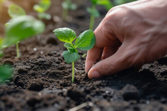 - Capture an image of a hand carefully planting a seedling in a garden bed, showing a close-up detail, with a uniform background. 