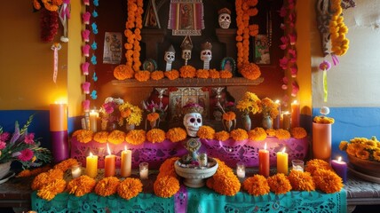 Fototapeta premium vibrant Day of the Dead altar Cinco de Mayo adorned with marigolds, candles, and decorated skulls, celebrating the Mexican tradition of honoring deceased loved ones