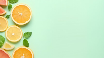 Citrus slices and mint herbs frame on retro mint pastel background with copyspace from above. Top view of lemon and orange refreshment. Summer fruit smoothie minimal banner design
