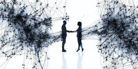 two people shaking hands in a business environment over a network, in the style of light indigo and dark gray