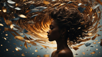Portrait einer jungen, farbigen Frau, deren Haare  in einem Luftwirbel wehen - obrazy, fototapety, plakaty