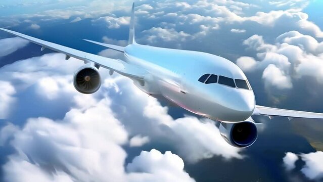 Airliner flies high in sky above clouds